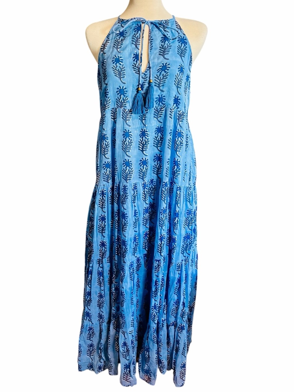 Oliphant Blue Block Print Boho Halter Keyhole Neckline Tassel Front Maxi Dress